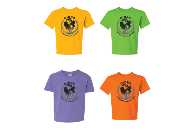 Gibbs International Magnet house shirts in yellow, green, purple, and orange, each printed with the Gibbs globe-and-hands logo.